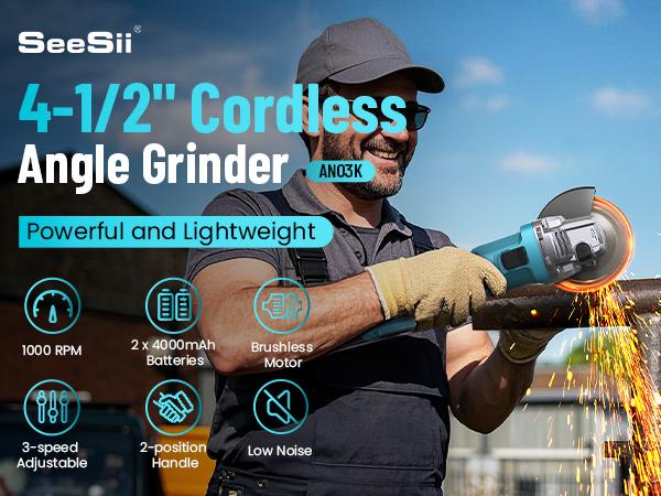 【SEESII】 Cordless Angle Grinder Kit with 2x4.0Ah Batteries, 10000RPM Brushless Electric Metal Grinder w/ 4-1/2" Cutting Wheel, Flap Wheel, and Wool Carving Wheel for Precision Cutting & Grinding