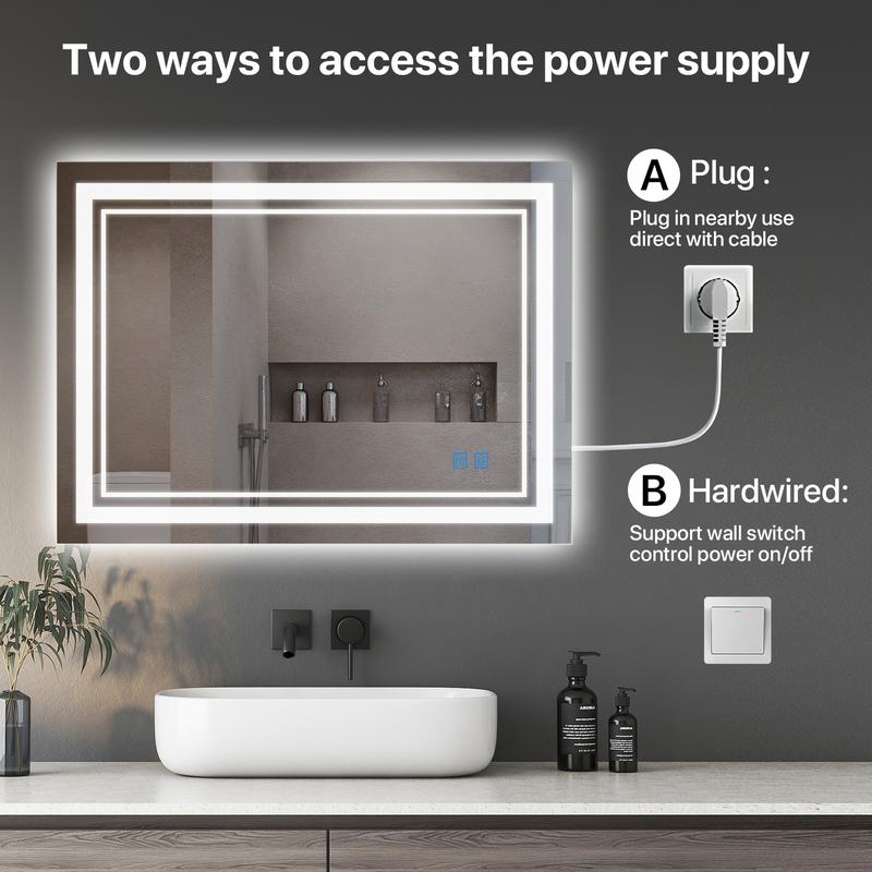 GLITGATE LED Bathroom Mirror Lights, Dimmable Bathroom Mirror with Touch Control, Over Sink Bathroom Mirror with Tempered Glass, 3-Color Options, Wall Mounted, Defogging&Memory Timing Function, Closets, Hallways,Barber Shop