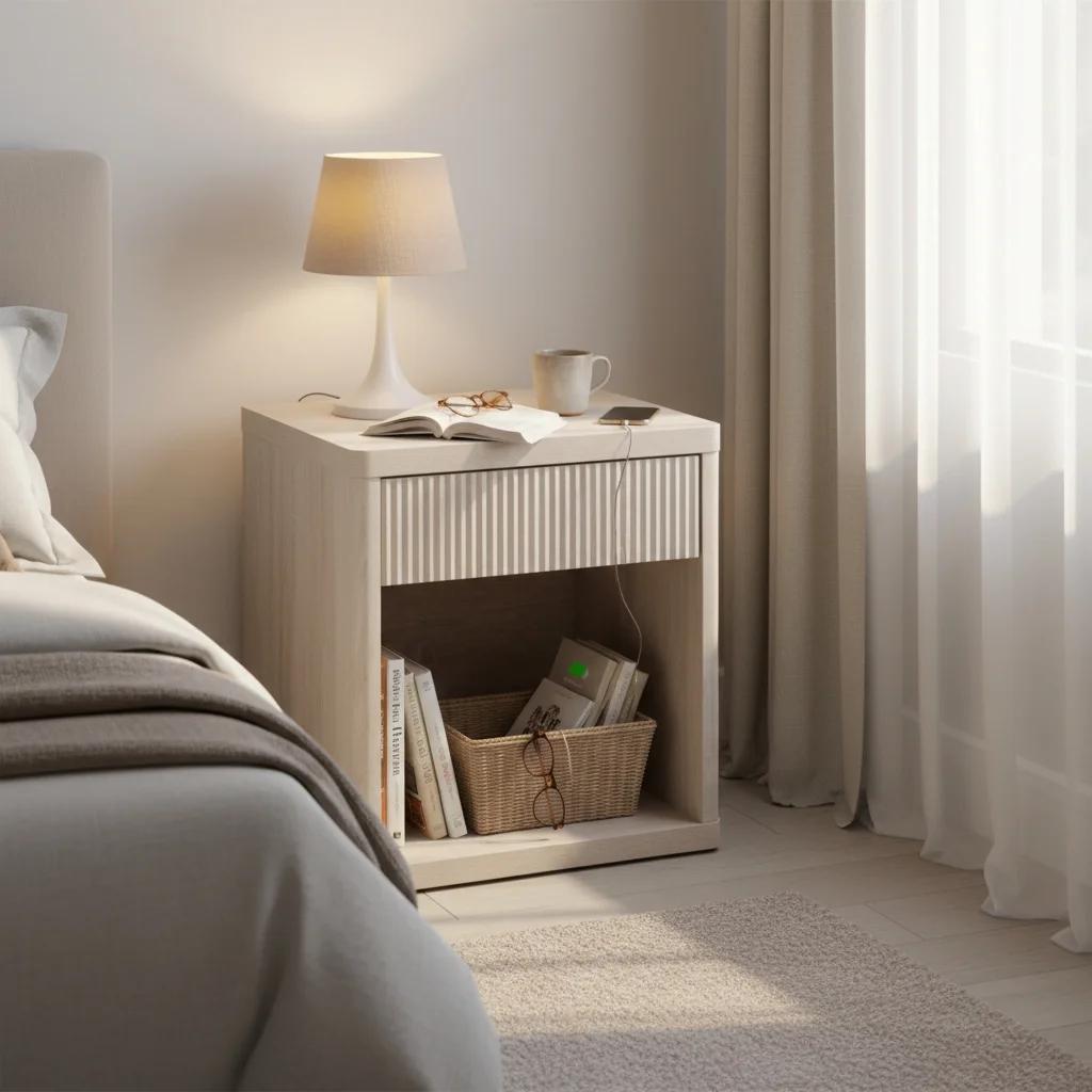 Bedside Nightstand with Drawers and Open Shelves, Rounded Corner Side Table with Cable Management, Modern Minimalist Bedside Cabinet for Bedroom Living Room, Perfect for Lamp Books Remote and Daily Essentials Storage