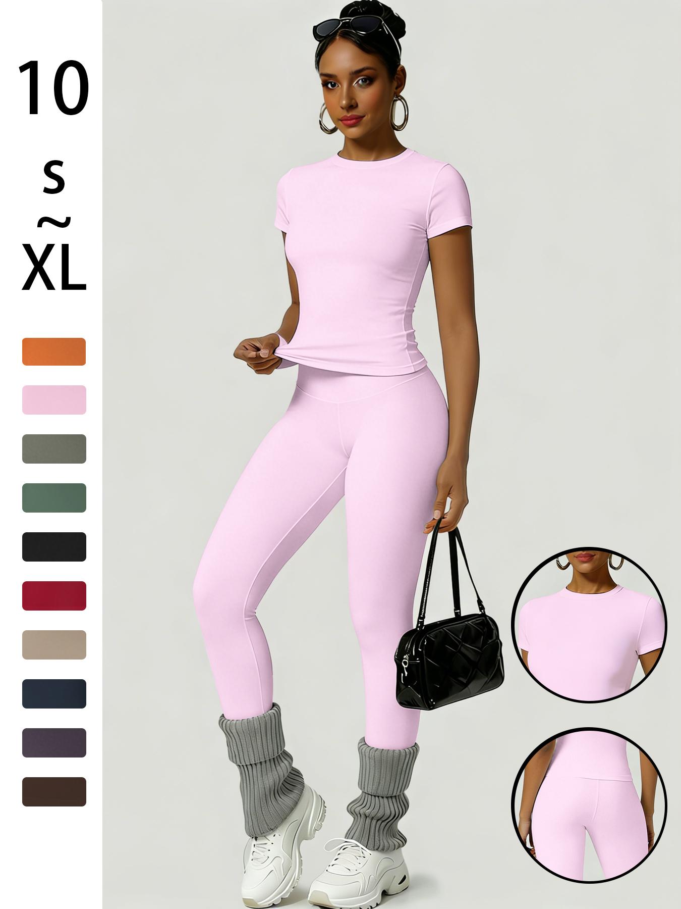 Women's Sporty Slim Fit High-Waisted Yoga Pants & Short Sleeve Round Neck Tee Set, Soft Breathable Activewear for Gym, Running and Outdoor Activities