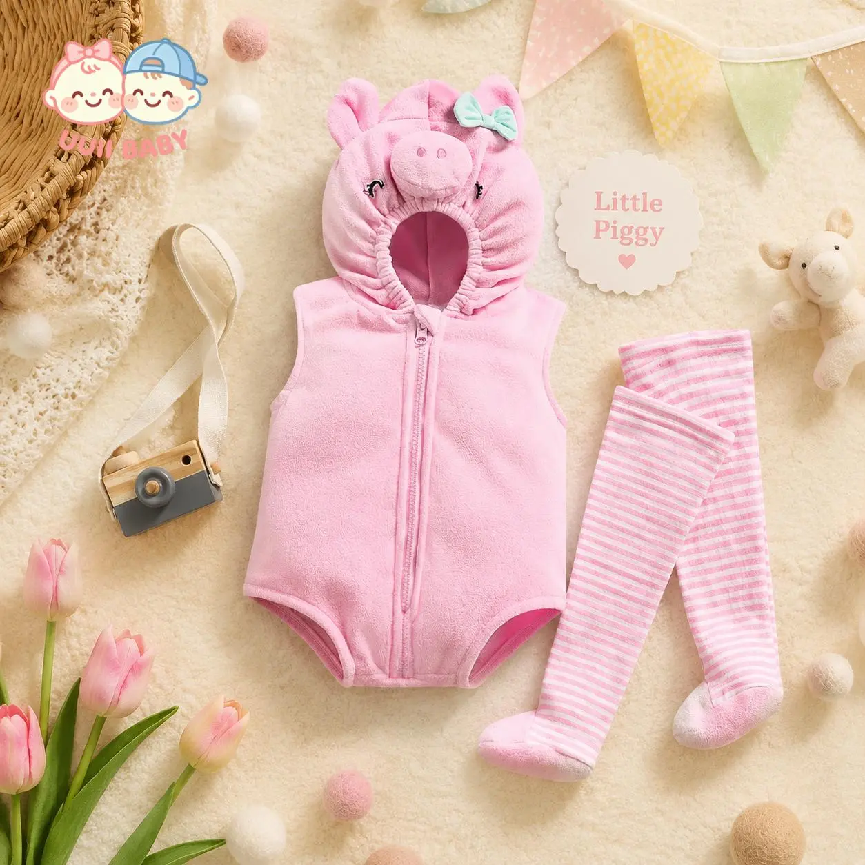 Baby Girl Cartoon Pig Animal Costume Two-Piece Set: Fleece Sleeveless Hooded Zip-Up Onesie with 3D Pig Face Hat and Striped Tights, suitable for baby Halloween costumes/party costumes