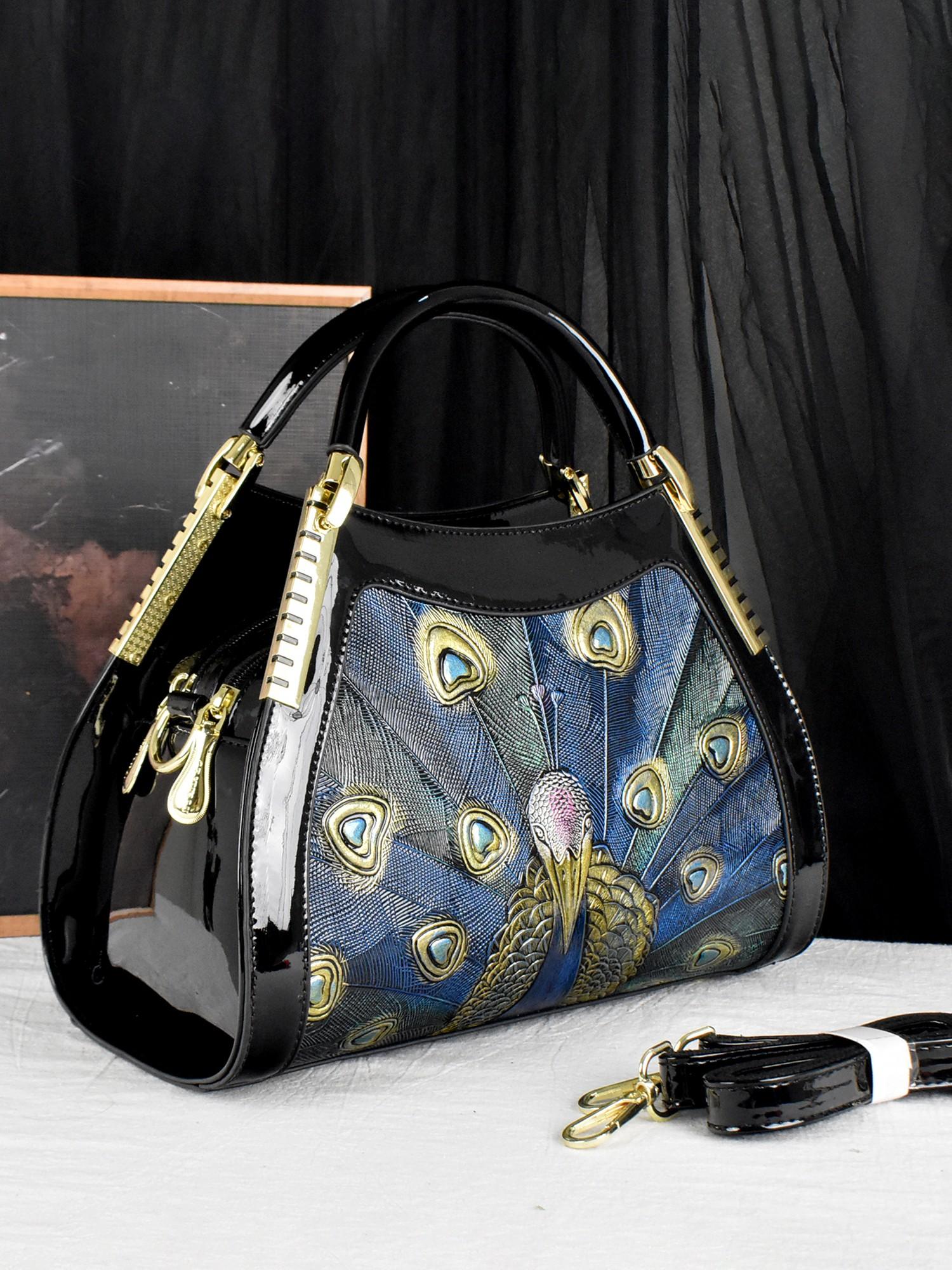 Designer Peacock Design Women's Handbag, Elegant Feather Pattern Boston Bag, PU Material, All Seasons Fashion Accessory