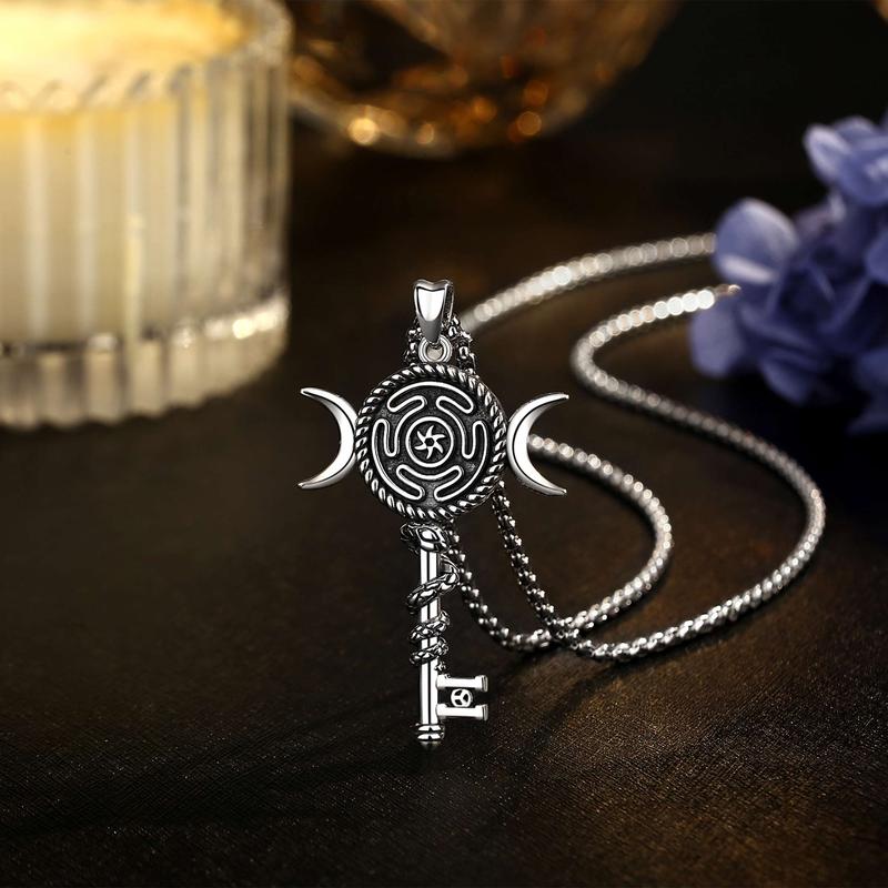 925 Sterling Silver Triple Moon Hecate Wheel Necklace, Vintage Snake-Shaped Moon Pendant, Unisex Witchcraft Jewelry, Personalized Gift