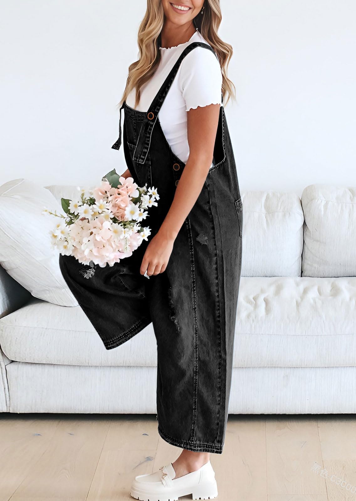 Chouyatou Women Loose Adjustable Strap Denim Bib Overall Jeans Distressed Wide Leg Baggy Overalls Jumpsuit SpringStatements