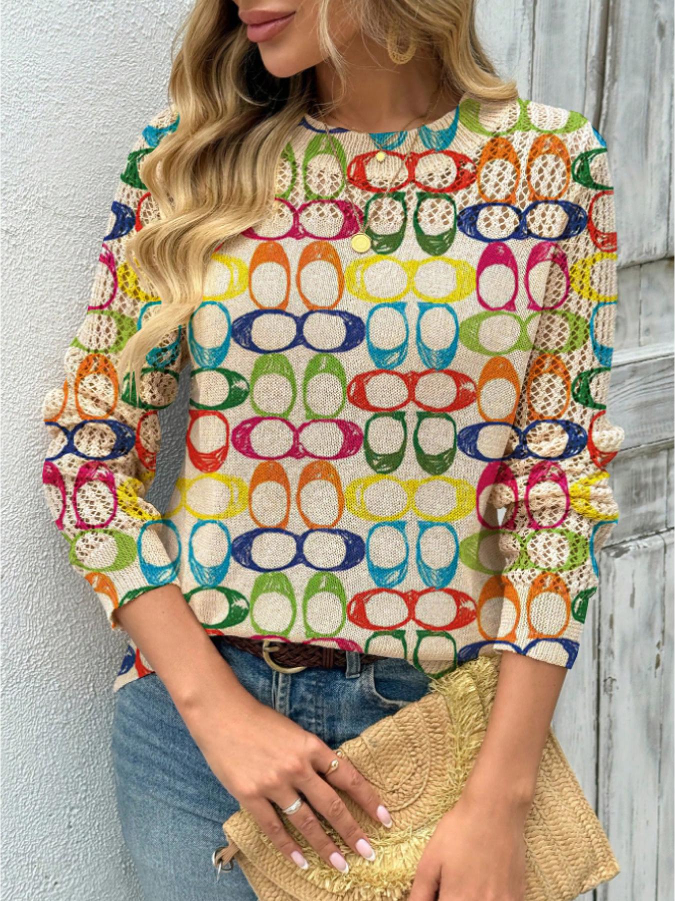 Women's Geometric Pattern Colorblock Print Round Neck Sweater, Casual Long Sleeve Knitwear for Fall Winter, Comfortable Warm Daily Wear