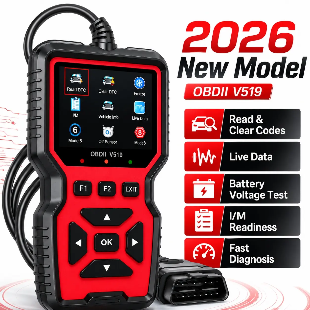 V519 Obd2 Scanner Diagnostic Tool, Engine Fault Code Reader, Live Data Stream, O2 Sensor Test, Battery Voltage Test for 12V Vehicles