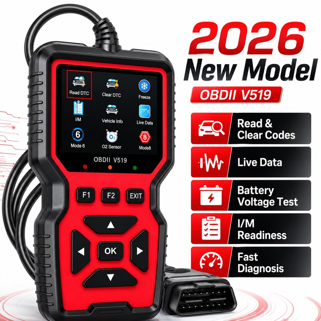 V519 Obd2 Scanner Diagnostic Tool, Engine Fault Code Reader, Live Data Stream, O2 Sensor Test, Battery Voltage Test for 12V Vehicles