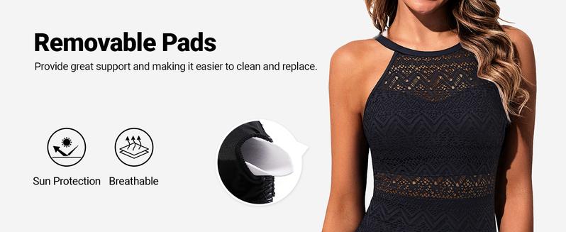 Holipick Lace Women High Neck One Piece Swimsuit Sexy Crochet Bathing Suit Tummy Control Swimwear