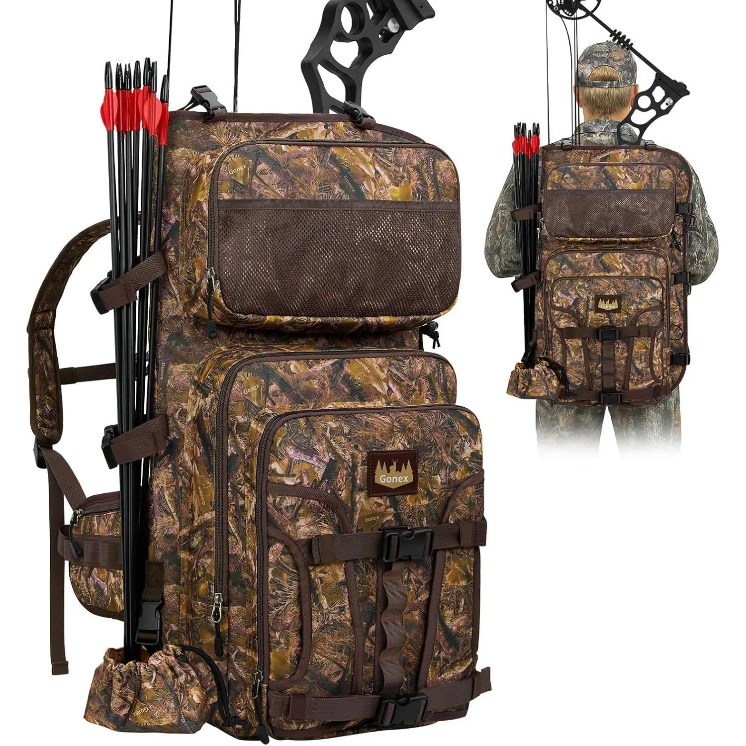 Men's 900D Polyester Camo Waterproof Sports Backpack, Archery Bag with Detachable Arrow Tube, Multi-Pockets, Game Hauling Straps, Zipper & Buckle for Compound Bow, Hiking, Backpacks, Tactical Accessories, Camouflage, Male, Durable Backpack, Multi Function