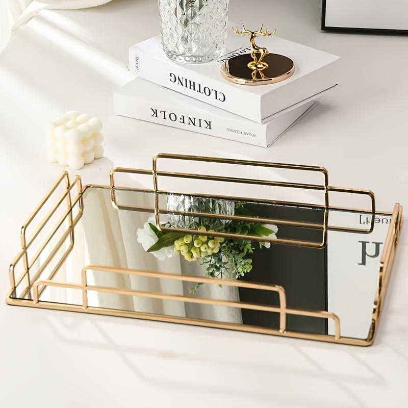 Light luxury ornament iron wire tray, household storage tray, tea table, living room desktop rectangular decoration tea tray black tray, glass plate metal tray decoration