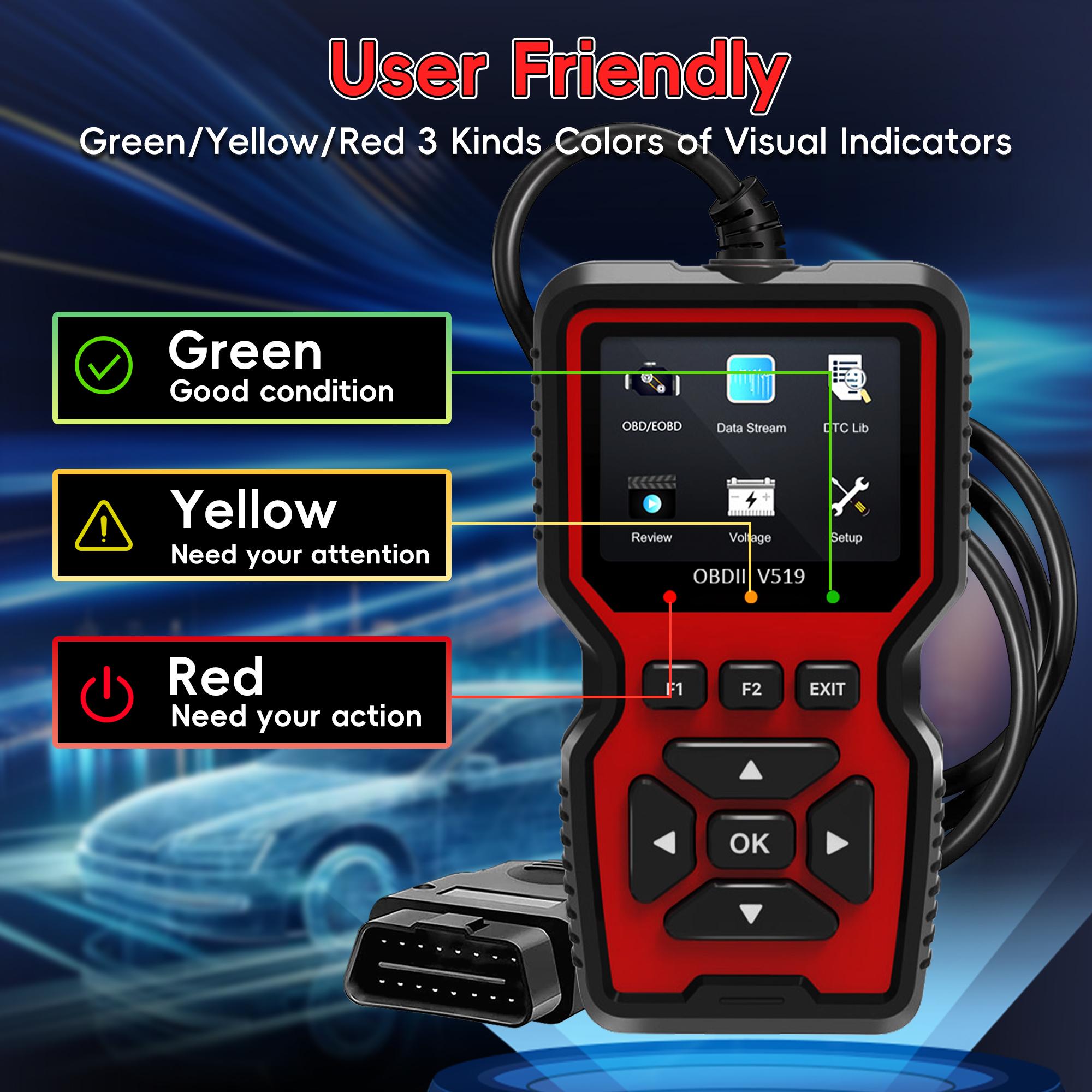 Enhanced Obd2 Scanner Code Reader, Car Engine Check Tool, Automotive Diagnostic Scanner, Reads and Erases Fault Codes, Fits All Obd Ii Cars Since 1996, No Battery Needed