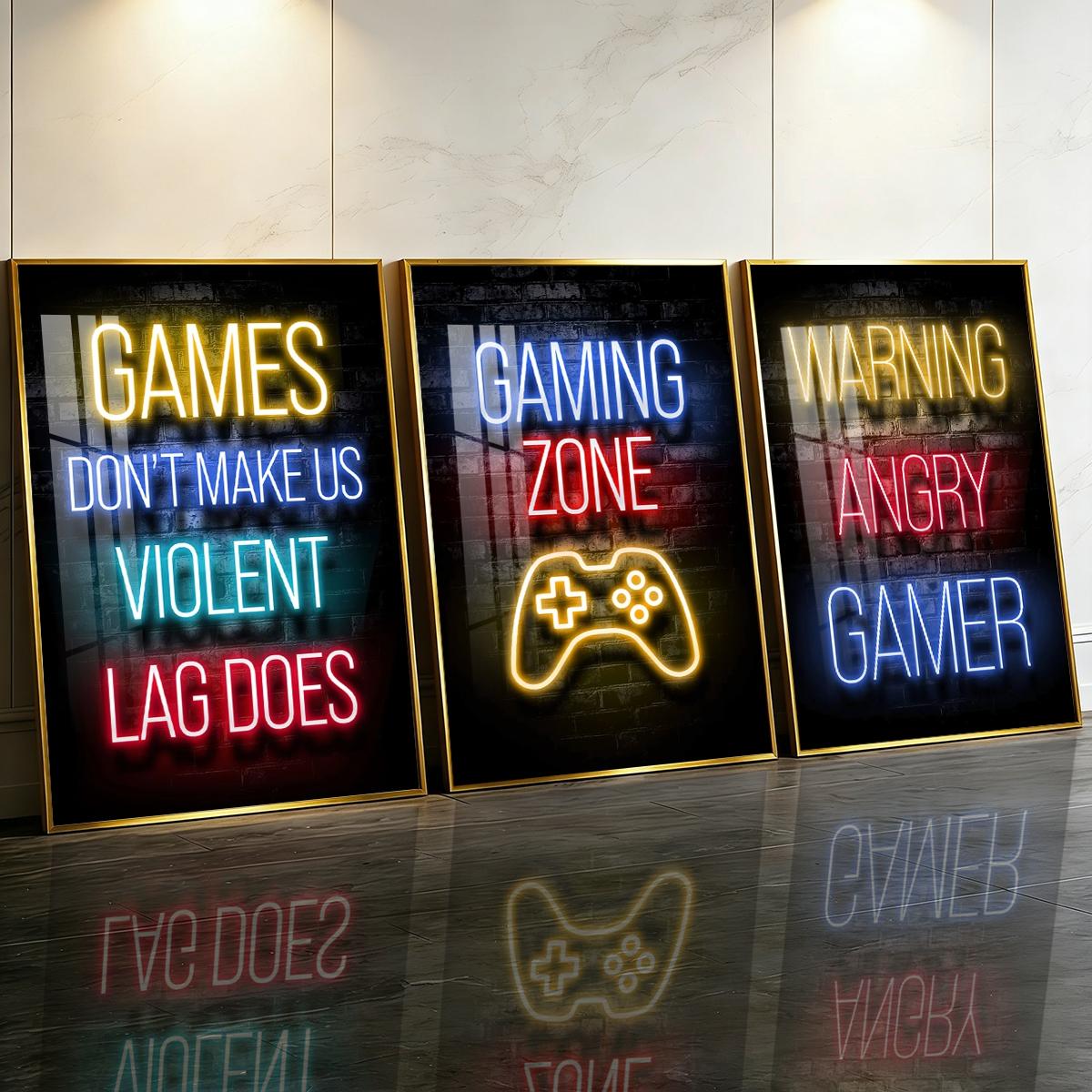 3 Counts Aluminum Alloy Framed Painting, Neon Gaming Zone Poster With Game Controller Wall Art, Home Decoration For Living Room, Bedroom, Office, Restaurant, Hallway Wall Decor, Odorless Print Artwork, Luxury Perfect Gift For Friends And Family