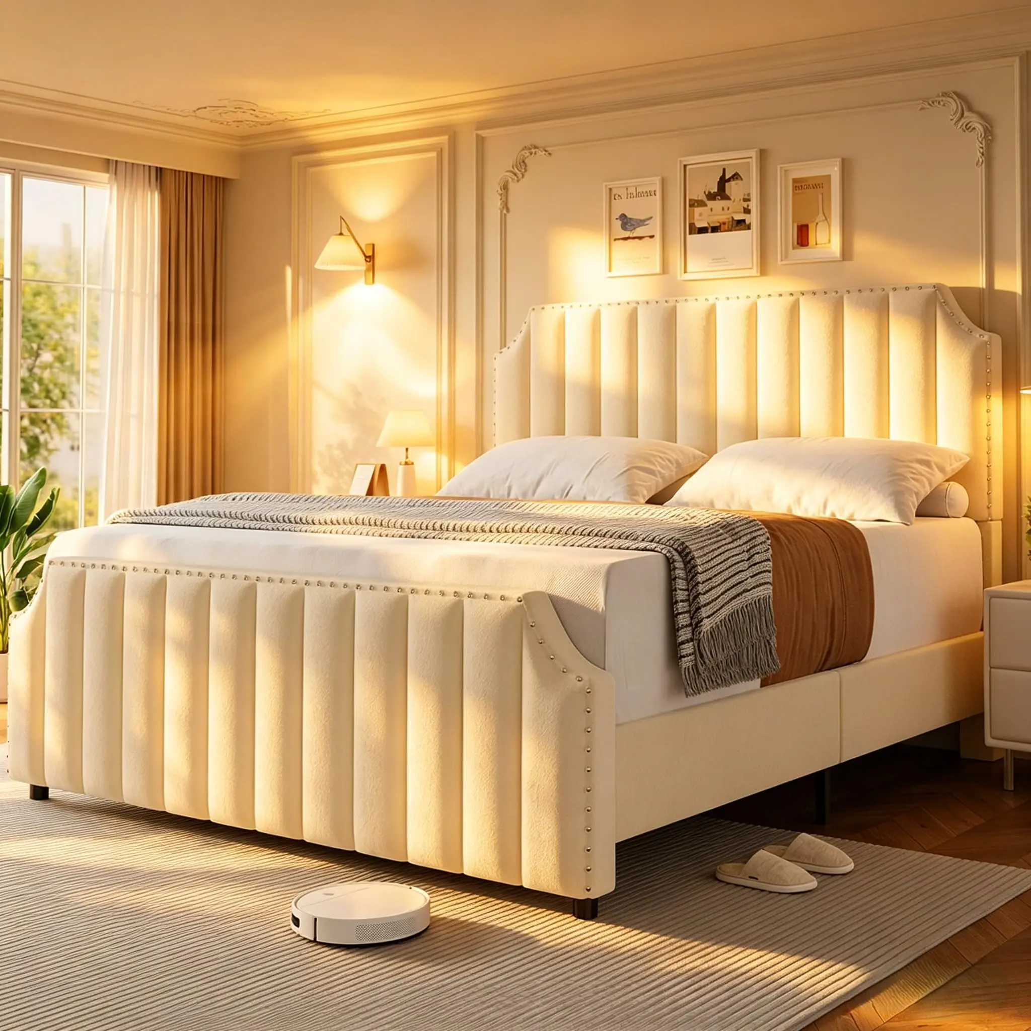 Garvee Queen Size Platform Bed Frame with 50.2" Tall Rectangular Channel Tufted Cream Headboard, Modern Indoor Furniture for Home Decor, Easy Setup for Quiet Sleep, Queen Size Bed Frame