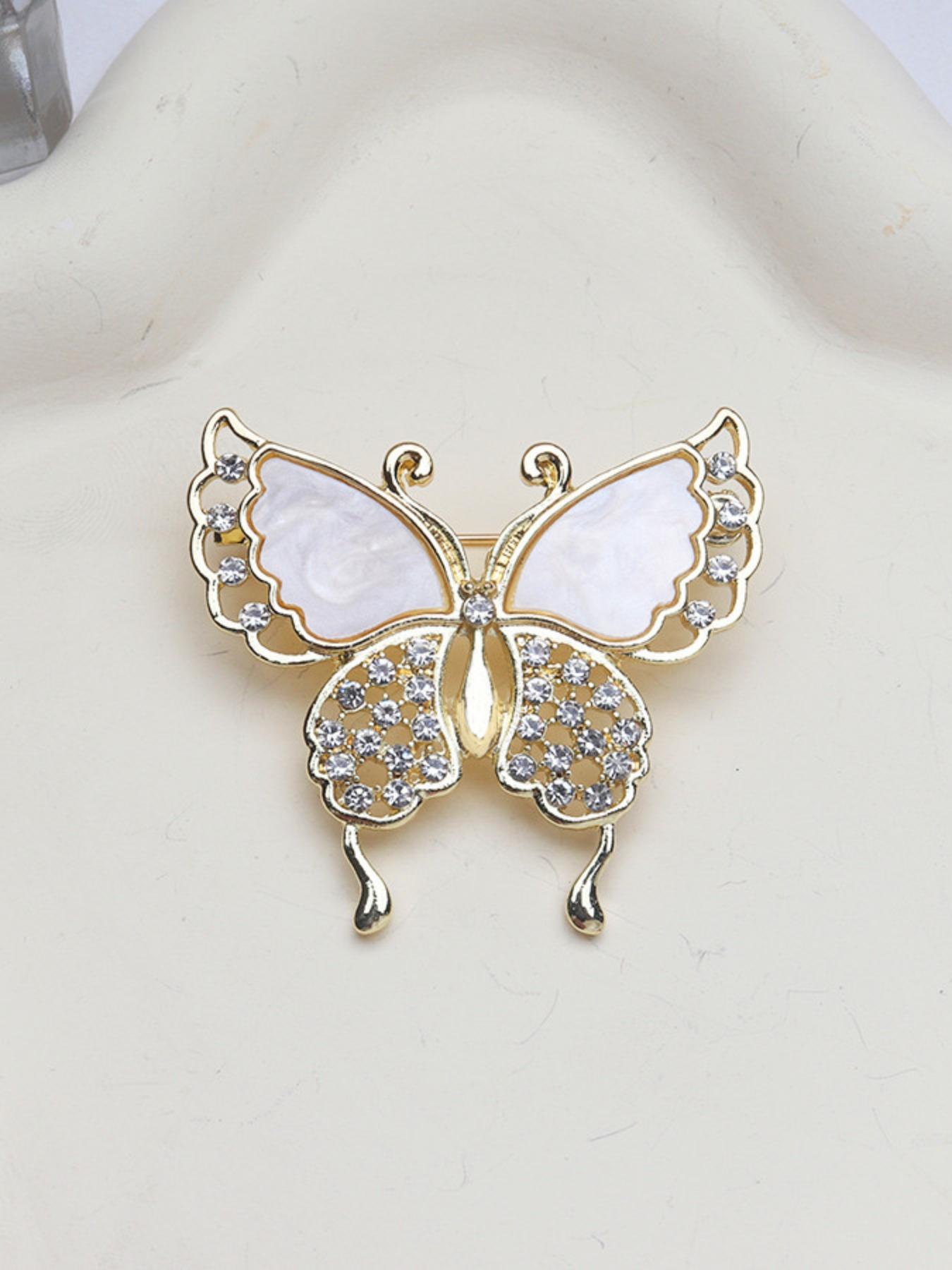 Elegant Butterfly Brooch Pin for Women, French Style Shell Rhinestone Hollow Out Design, Versatile Decorative Lapel Pin