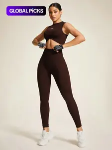 Two-piece Women's Letter Pattern Crop Tank Top & High Waist Leggings Set, Casual Comfy Breathable Seamless Skinny Sportswear for Yoga Gym Workout Running Clothes, Ladies Sportswear for All Seasons