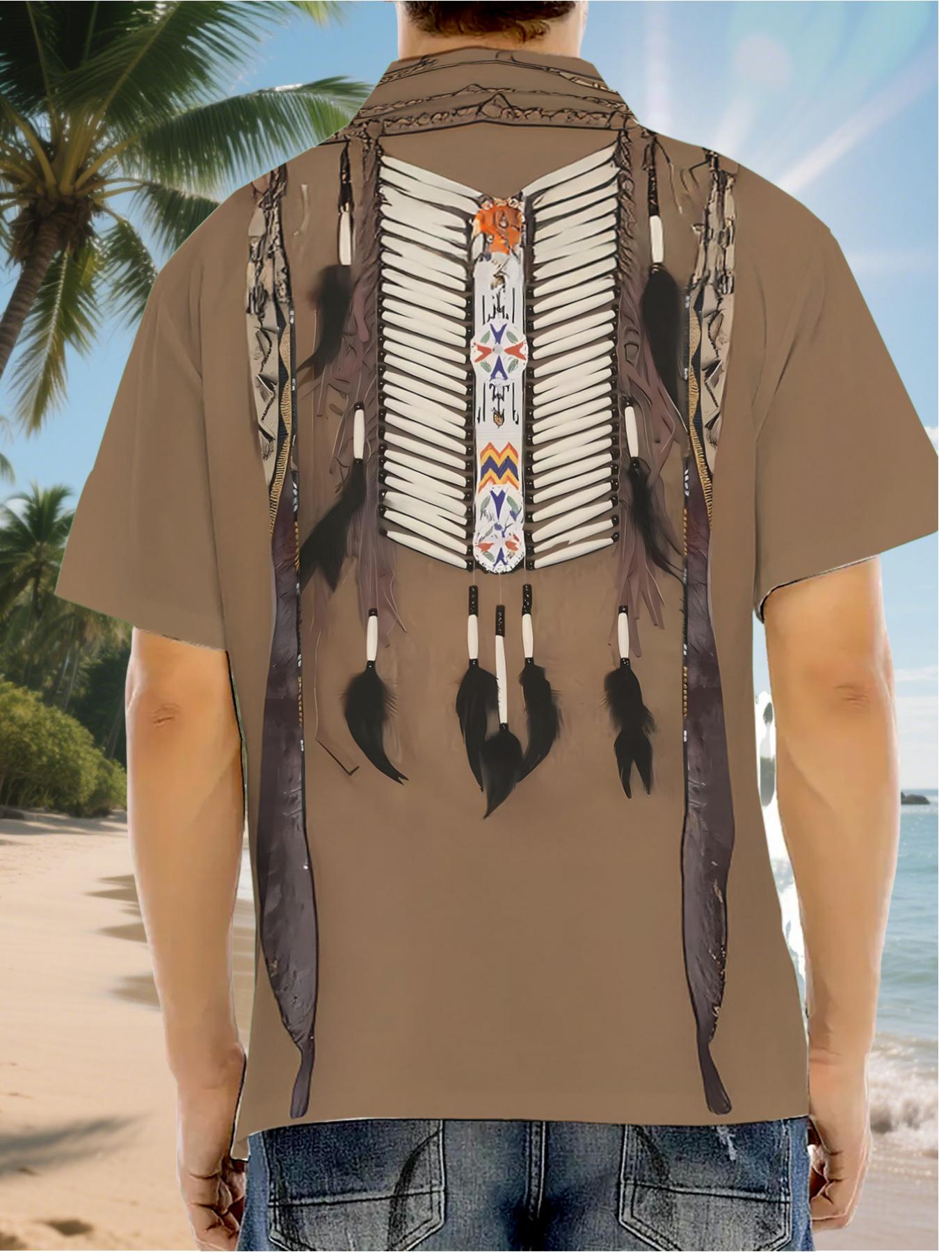 Men's Hawaiian Shirt - Flat Digital Print Pattern - No Texture - Ornate Bone Necklace with Feathers, Fashionable and Simple Short Sleeves, Buttoned, Casual Collar Shirt, Stylish and Versatile, Suitable for Dates, Beach Vacations, a Perfect Gift for Men