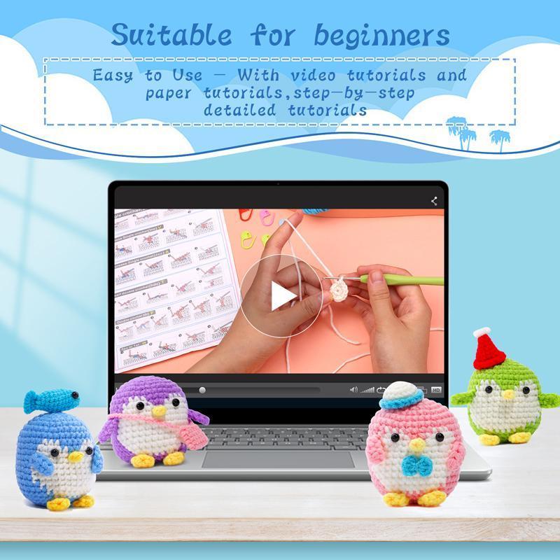 Penguin Crochet Kit for Beginners With Video Tutorial Cotton Knitting Yarn Thread Needles Hook Knit Tool Set DIY Craft