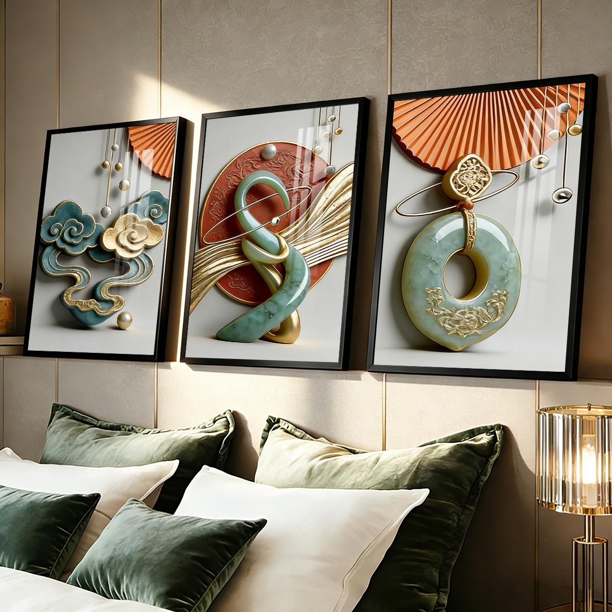 3 Counts Aluminum Alloy Framed Painting, Abstract Jade And Gold Art Sculpture Pictures, Home Decoration For Living Room, Bedroom, Office, Restaurant, Hallway Wall Decor, Odorless Print Artwork, Luxury Perfect Gift For Friends And Family