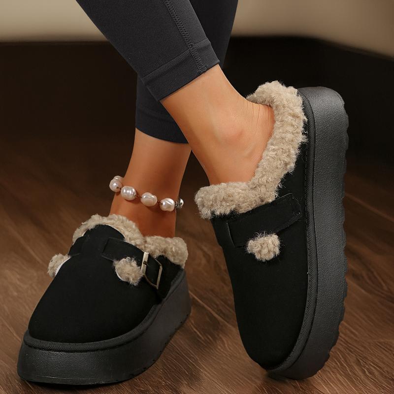 Women's Soft Plush Slip-On Slippers With Buckle Warm Lined Anti-Slip Flat Sole Fashion Wear For Fall Winter