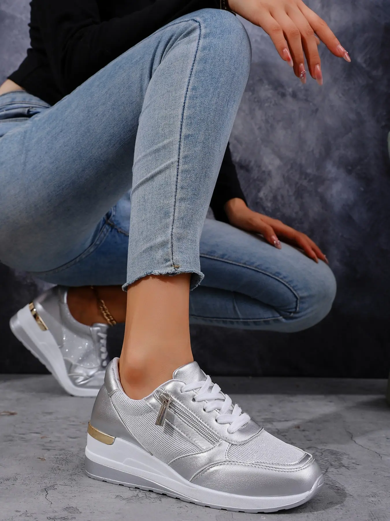 Women Metallic Glitter Wedge Sneakers Side Zipper Lace‑Up Breathable Mesh Patchwork Slipresistant Platform Walking Shoes Zapatos Affordablefashion Back To School Multi‑Color