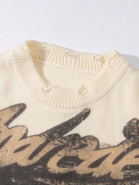 Men's Street Style Long Sleeve Crewneck Sweater, French Oil Painting Print, Raw Hem Design, Casual Loose Fit Knitwear for Spring & Fall