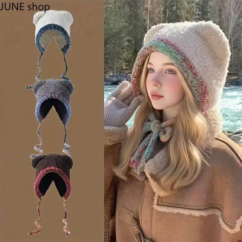 Women’s Knitted Beanie, Teddy‑Bear‑Ear Tie‑Up Winter Hat, Playful Knit Headwear With Adjustable Ties, Soft Stylish Cold‑Weather Knit Accessory For Women, Warm Cozy Comfort‑Focused for Shopping Trips, Parties, Winter Outings And Casual Outdoor Sports