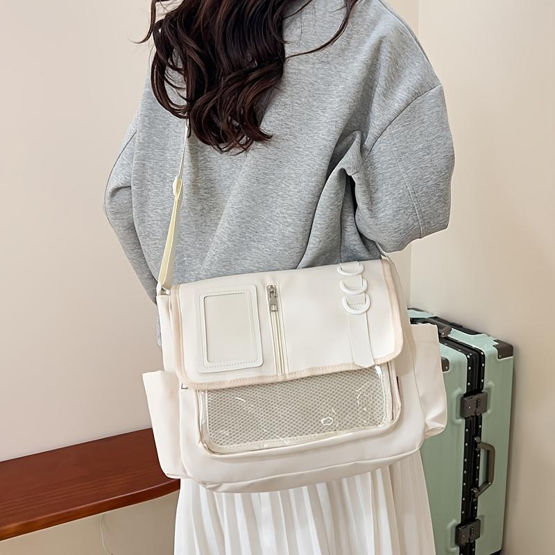 Fashion Casual Ita Crossbody Bag for Students, Lace-Up Slouch Shoulder Bag with Mesh Pocket & Clear Card Slot, Versatile Daily Commute & School Tutoring Bag