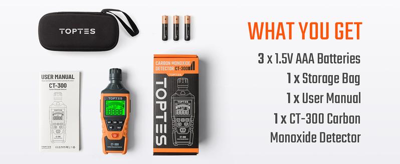 TopTes CT-300 Portable Carbon Monoxide Detector,(Includes Battery x3) CO Detector with Audible & Visual Alarm,0-5000PPM,for Home, Car, Camping& Travel