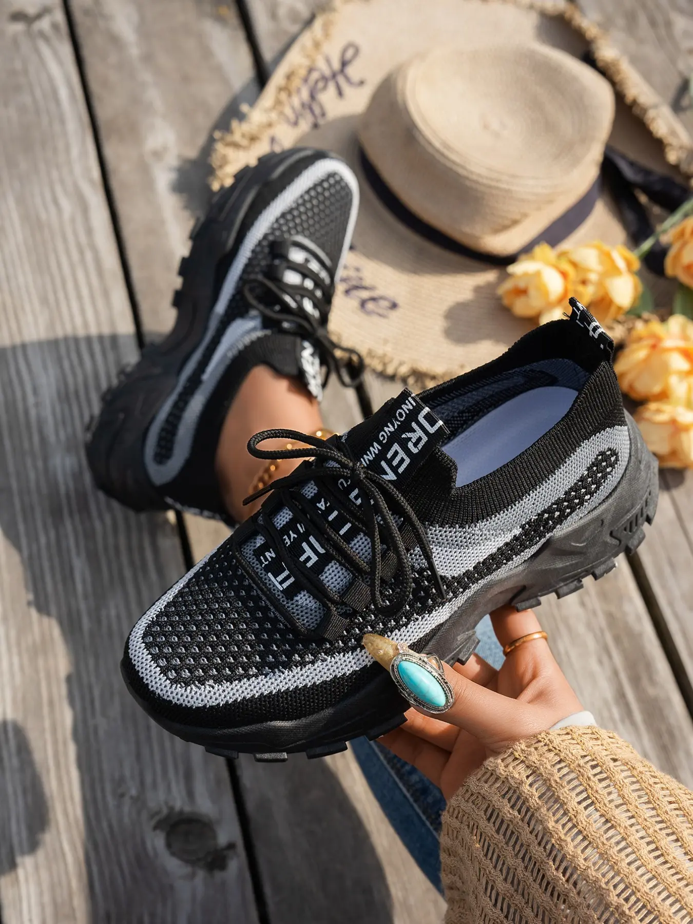 Women's Street Style Dad Shoes, Elastic Flyknit Upper, Letter Webbing, Chunky Sole, Ideal for Outdoor Activities & Daily Wear