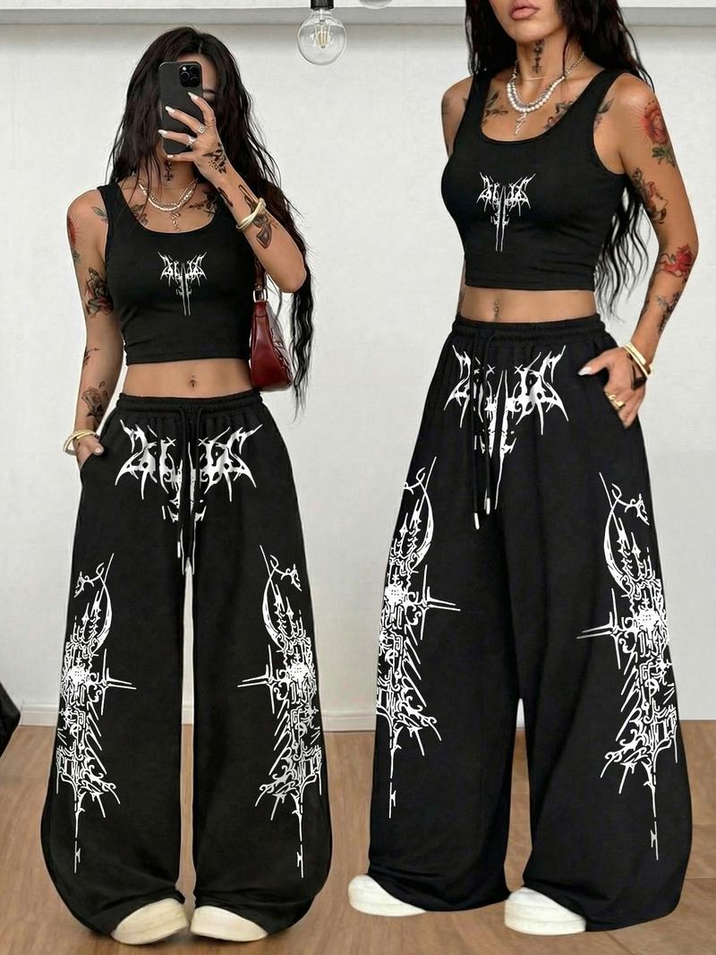 Women's Casual Streetwear Set, Fitted Sleeveless Crop Top and Straight Leg Pants, Gothic Thorn Graffiti Print, All Seasons Fashion Women's Casual Streetwear Set, Fitted Sleeveless Crop Top and Straight Leg Pants, Gothic Thorn Graffiti Print, All Seasons Fashion