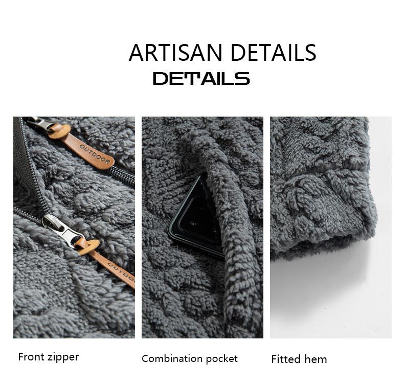 Men's Warm  relaxed fit outer Jacquard Fabric Loose-Fit Full-Zip Hoodie Jacket - Plush Texture Plain Hooded Outer Coat with Decorative Zipper Pull, Kangaroo Pockets, for Outdoor Indoor, Urban Commute, Menswear Tops