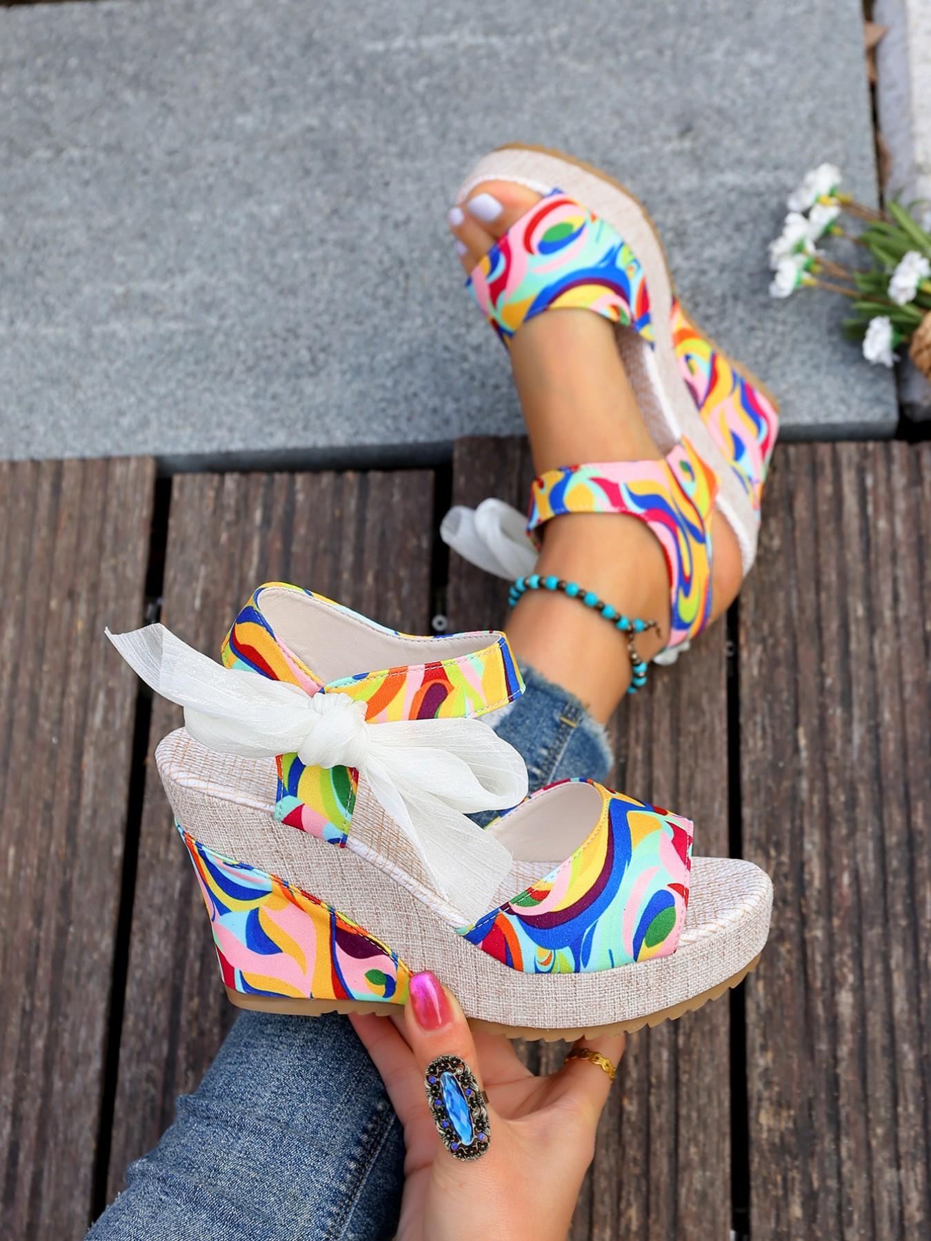 Women's Boho Abstract Colorblock Graffiti Print Shoes, Rhinestone Bow Detail, Chunky Textured Heel, Open Back Design, Versatile & Stylish