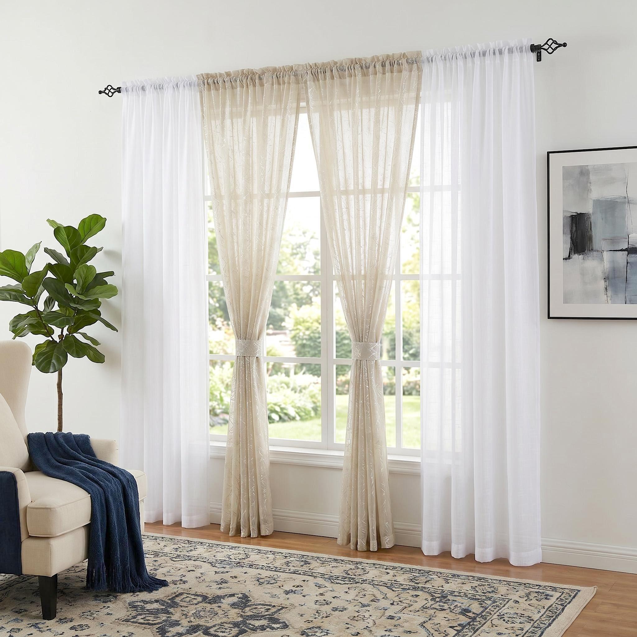 6-Panel Rod Pocket Window Drape Set (52"x84") - Durable, Dustproof, Breathable, Anti-Shrink, Fade-Resistant Flat Weave, 4 Foil Silver Metallic Sheers, 2 Linen Texture Chenille Semi-Sheers, Easy Installation, for Bedrooms/Living Rooms (FT5001 L39), Rust