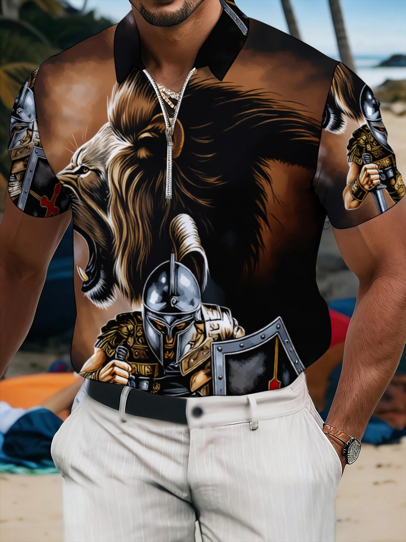 Men's Short Sleeve Polo Shirt with Lion Knight Pattern, 3D Printed Trendy Casual Top, Summer Personalized Men's Clothing