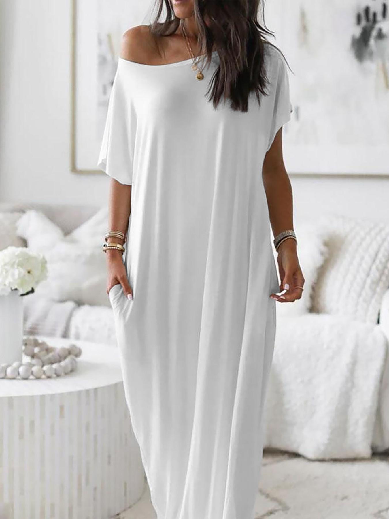 Women's Solid Color Batwing Sleeve Lounge Dress, Casual Comfy Short Sleeve Nightdress, Ladies Sleepwear for All Seasons