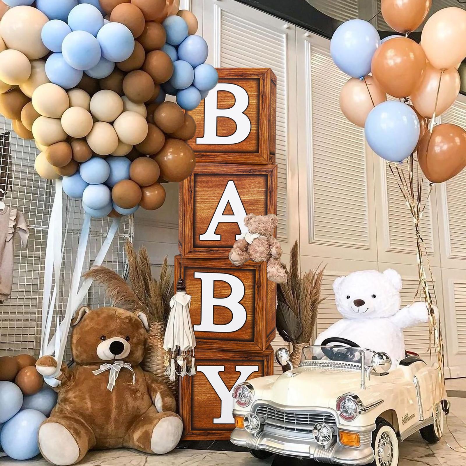 Wood Grain Printing Baby Shower Display Boxes Decoration, Neutral Gender Reveal Backdrop Brown Baby Stacking Blocks Backdrop for Kids Birthday Party