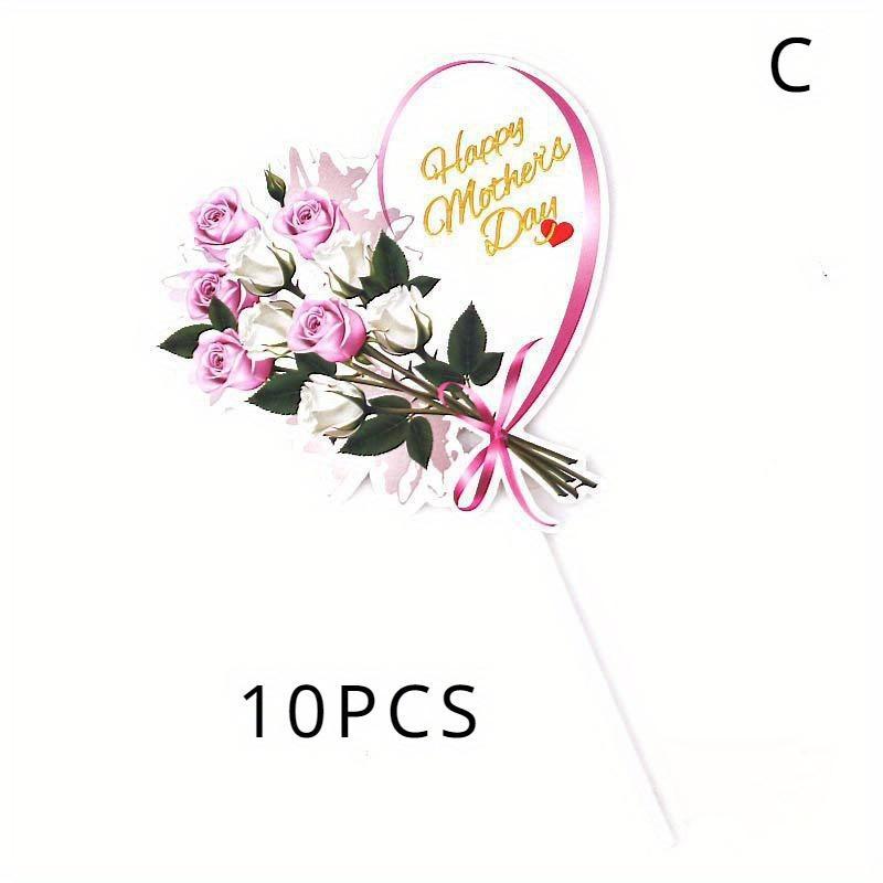 10 sets of Mother's Day cake decorations, pink heart-shaped flowers, rose decorations, paper cupcakes, desserts