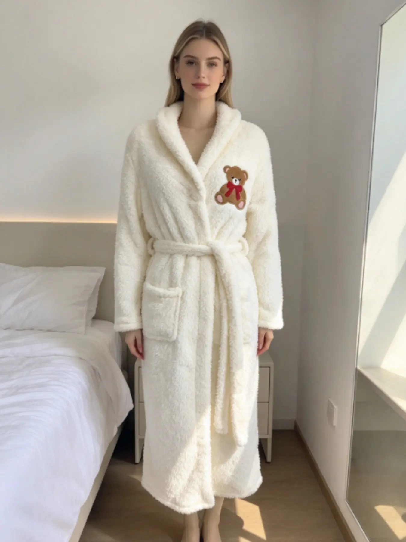 Flannel Lounge Robe Set, Casual Home Fashion, Loose Fit Bear Print Bathrobe, Cozy Sleepwear for Relaxing at Home, Long Sleeves