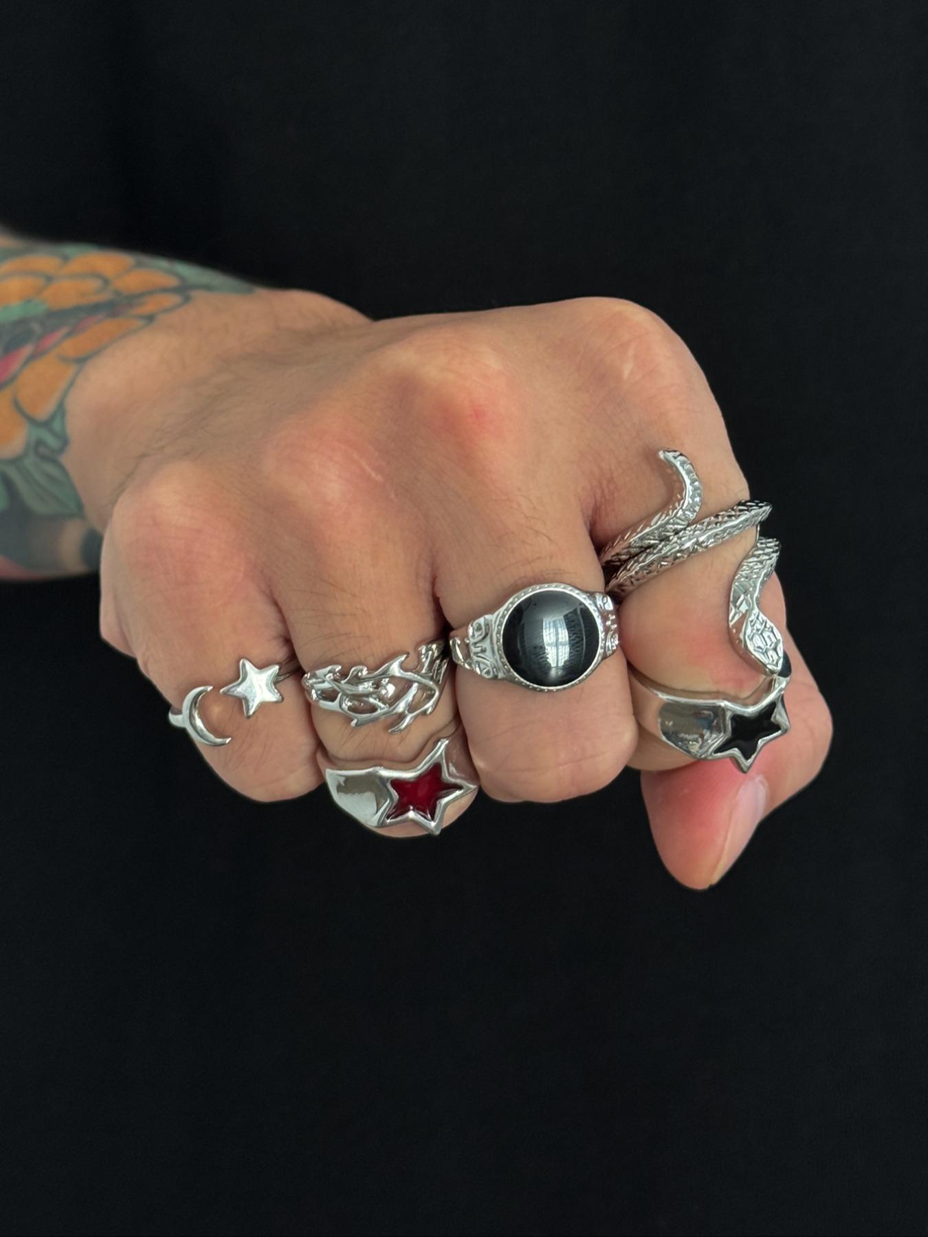 Men's Punk Style Silver Color Snake Ring Set, Statement Multi Ring, 6 Piece Vintage Jewelry Gift Box, All Season Party Daily Wear Accessories