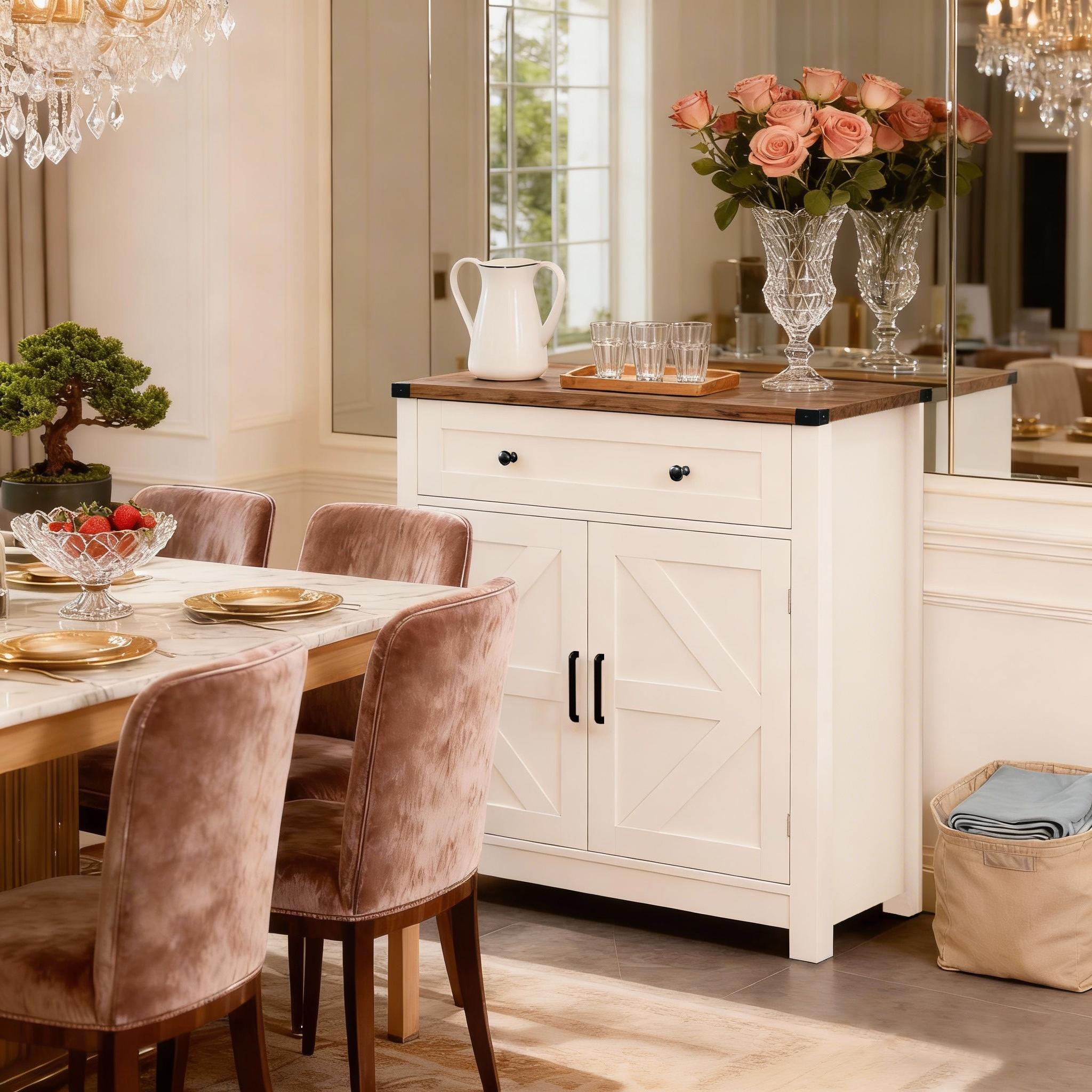 White & Wood-Grain Top Farmhouse Barn-Door Storage Cabinet, Coffee Bar Buffet Sideboard with Drawer for Kitchen & Living Room(White/Light Gray)