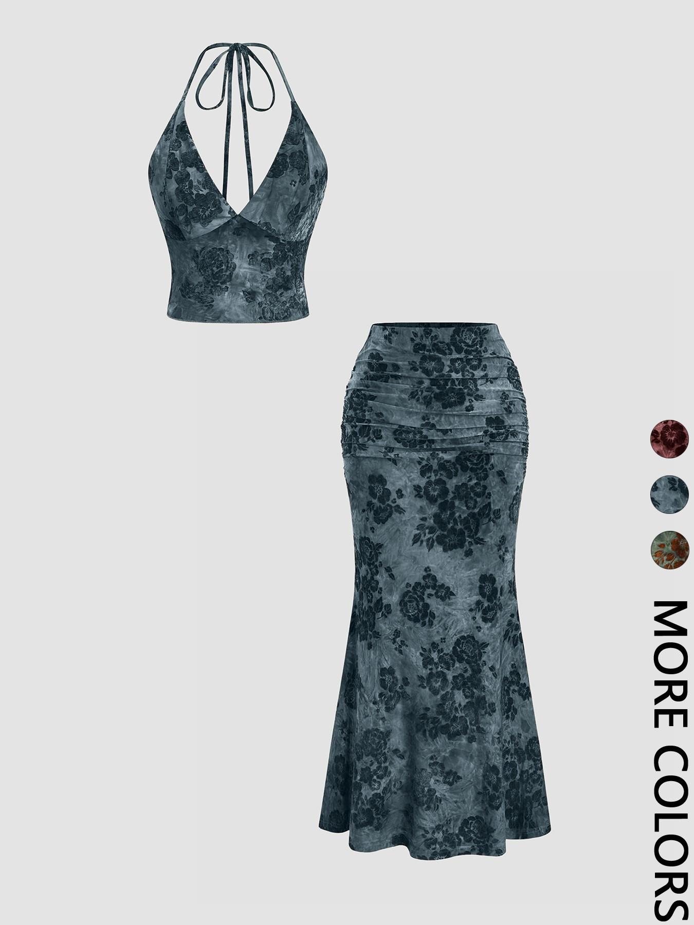 Women's Floral Deep V Neck Crop Top & Fish Tail Skirt Set, Sexy Two-Piece, Back-To-School Fashion, All-Over Print Design