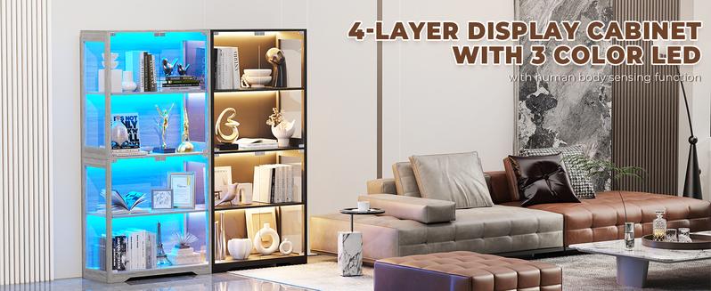 Brottar Display Cabinet with Glass Doors, Storage Cabinet with 3 Color Light, 4-Tier Curio Cabinet&Bookcase for Collectibles, Toys, Books, for Playroom, Bedroom, Study Room, Black