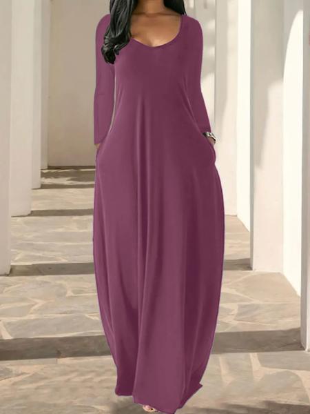 Women's Long Coffee Leopard Print Dress, Casual Fitted Round Neck Long Sleeve Pocket Sleepwear, Soft Fabric All Seasons