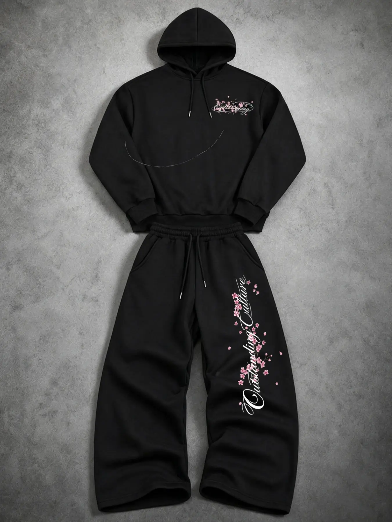 Men 2 Piece Tracksuit Black Cropped Hoodie Wide Leg Baggy Sweatpants Set, Athleisure Wear Set Cherry Blossom Floral Print Lightweight Soft Fabric Dark Grunge Hip Hop Streetwear Outfit Breathable Stretch Elastic Drawstring Loungewear For School Jogging