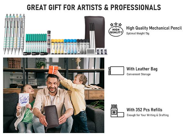 Nicpro Blocky Gear Metal Mechanical Pencil Set with Leather Bag, 40Pack Art Drafting Pencil 0.5, 0.7, 0.9 & 2mm Lead Pencil with 352Pack (6B 4B 2B HB 2H 4H Color) Lead Refills for Drawing Drafting