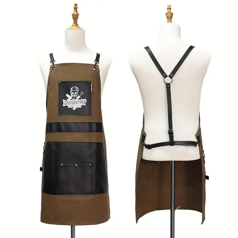 [Barber Apron] One Durable and Practical Barber Apron - Anti-Static Synthetic Synthetic Leather, Available in Two Colors with Adjustable Straps, Multiple Pockets for Hairdressing Tools Gift Black