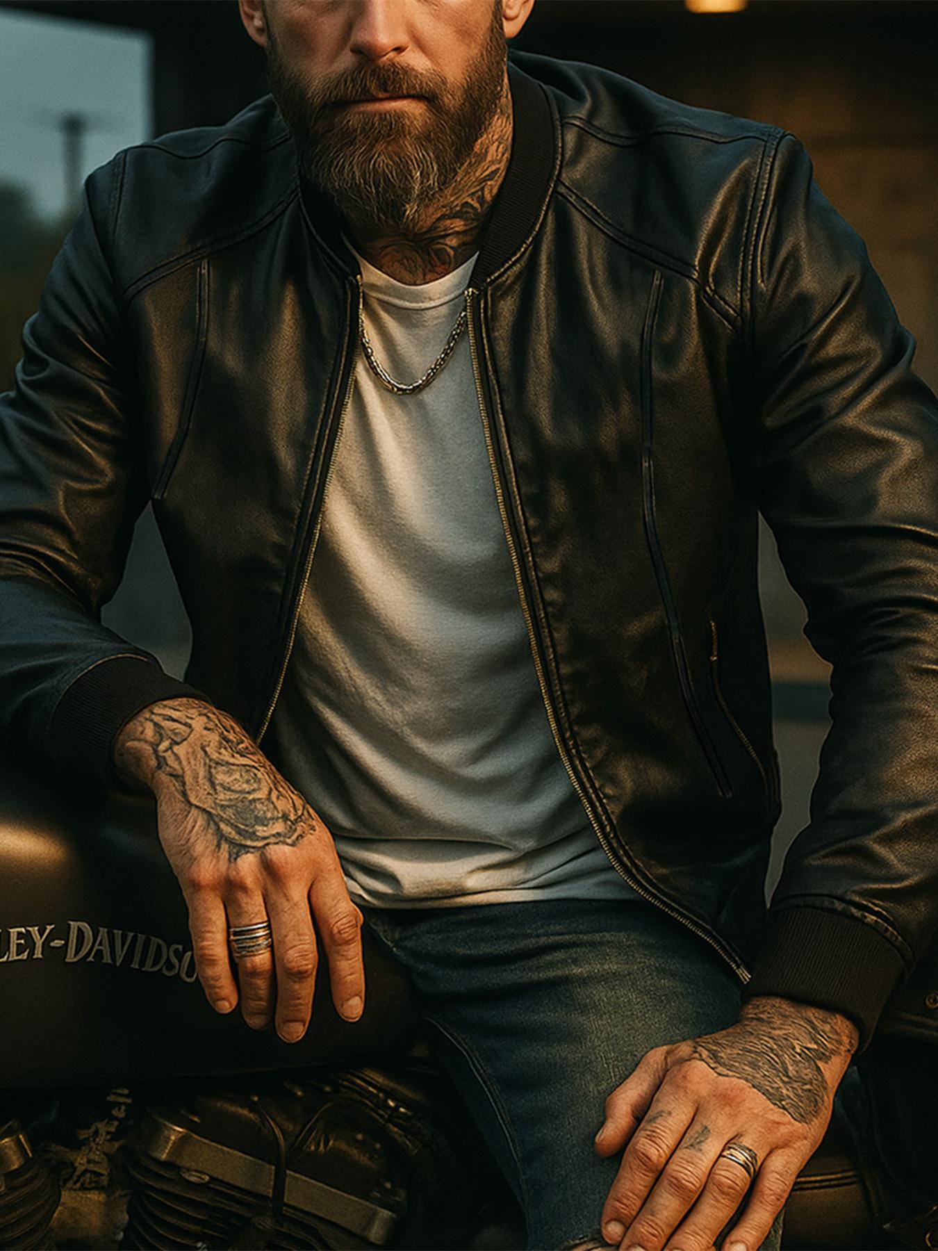 Men's PU Leather Jacket, Fitted Classic Casual Style, Zipper Baseball Collar Coat, Long Sleeve Side Pockets Design, Menswear