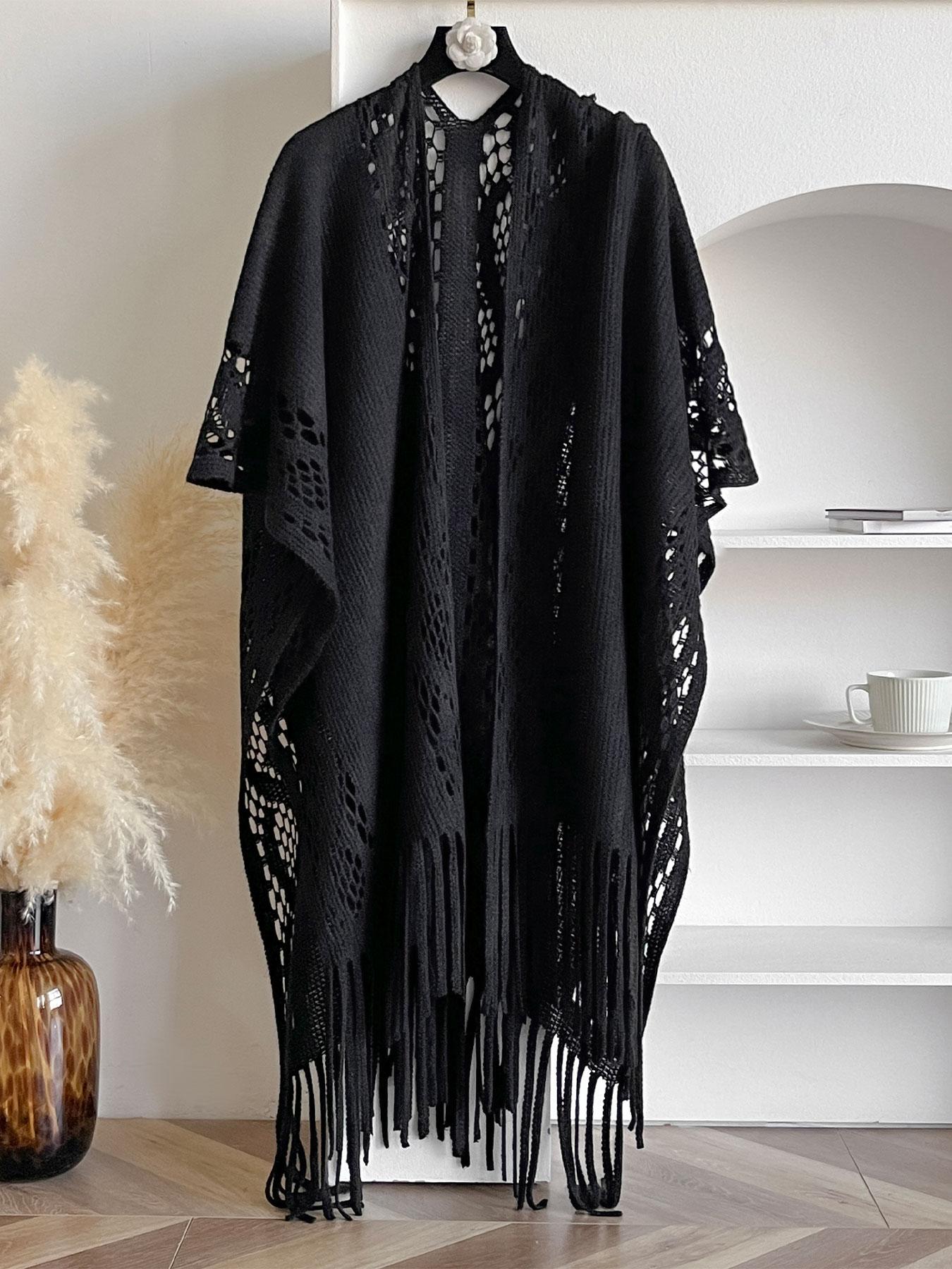 Women's Solid Color Hollow Out Fringe Trim Cape Shawl, Casual Elegant Shawl for Daily Wear, Fashion Accessories for Women & Girls, Clothes