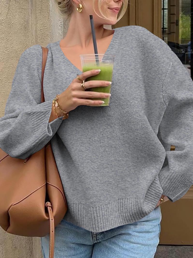 Pure Color Casual V-Neck Long Sleeve Loose Knit Sweater, Fitted Style for Fall, Comfortable and Stylish Women's Pullover