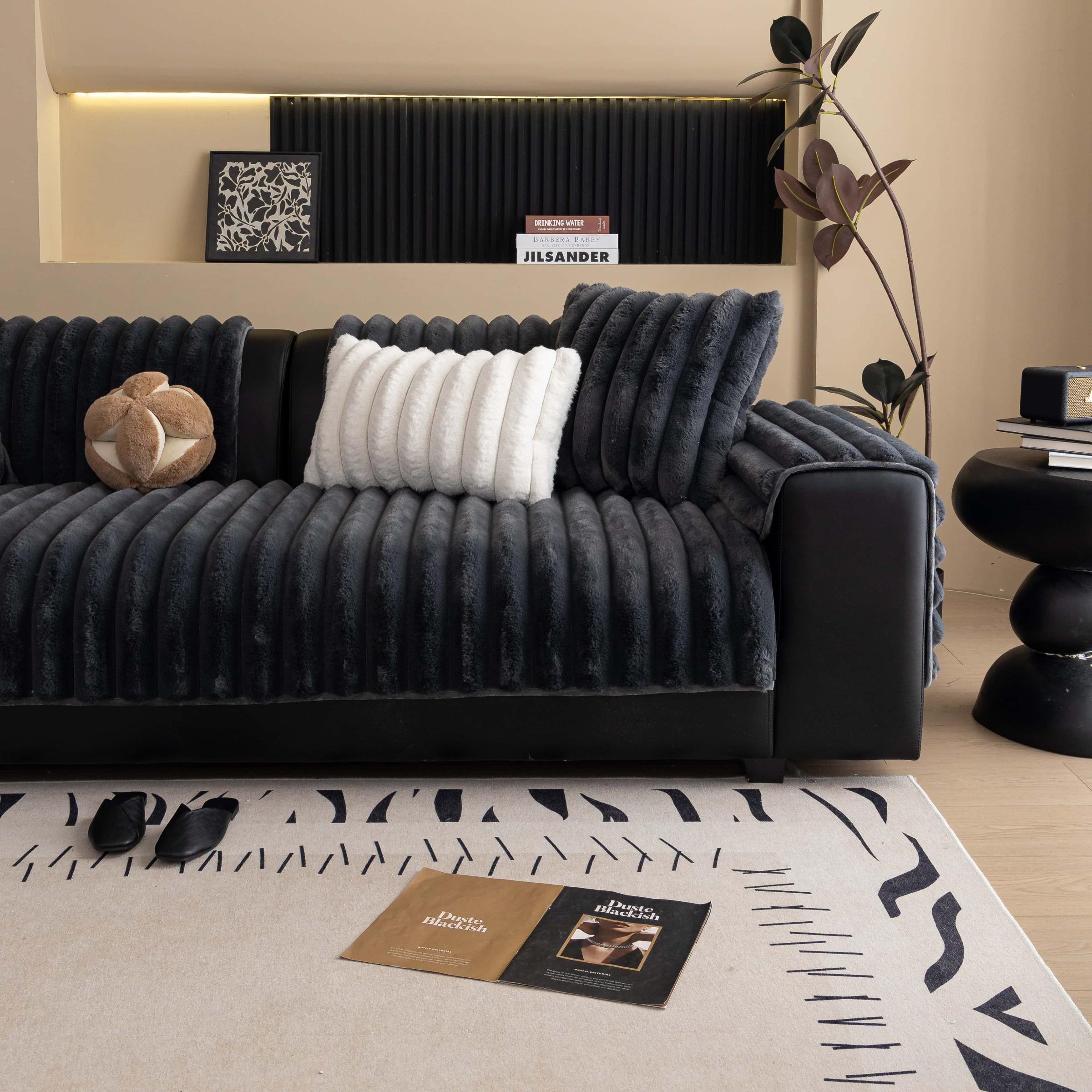 Solid Colour Plush Sofa Cover 1PC, Pet-Friendly Extra Thick Couch Protector, Soft Fluffy Faux Fur Sofa Pad, Non-Slip Machine Washable Anti-Scratch Furniture Throw for Living Room, Sectional, Loveseat & 3-Seater, Sofa Slipcover